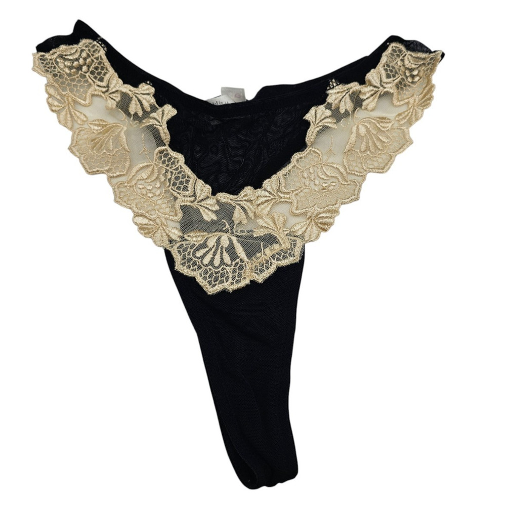 Vintage Victorias Secret Sz L Thong Panty Black w/ Cream Lace Trim High Cut